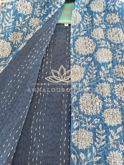Blue Floral Cotton Jacket, Open Front Boho Cardigan, Lightweight Mid-Season Jacket, Hippie Chic Women’s Layer