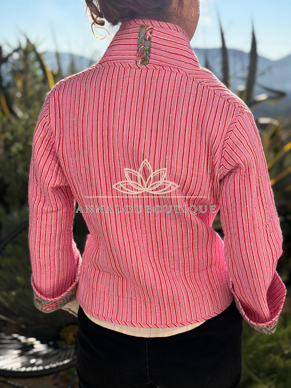 Grey & Pink Reversible Quilted Cotton Jacket, Boho Chic Wrap Jacket, Striped Tie Detail, Cozy Winter Outerwear