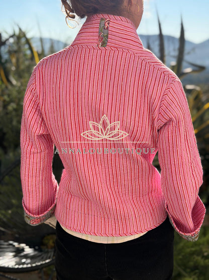 Grey & Pink Reversible Quilted Cotton Jacket, Boho Chic Wrap Jacket, Striped Tie Detail, Cozy Winter Outerwear