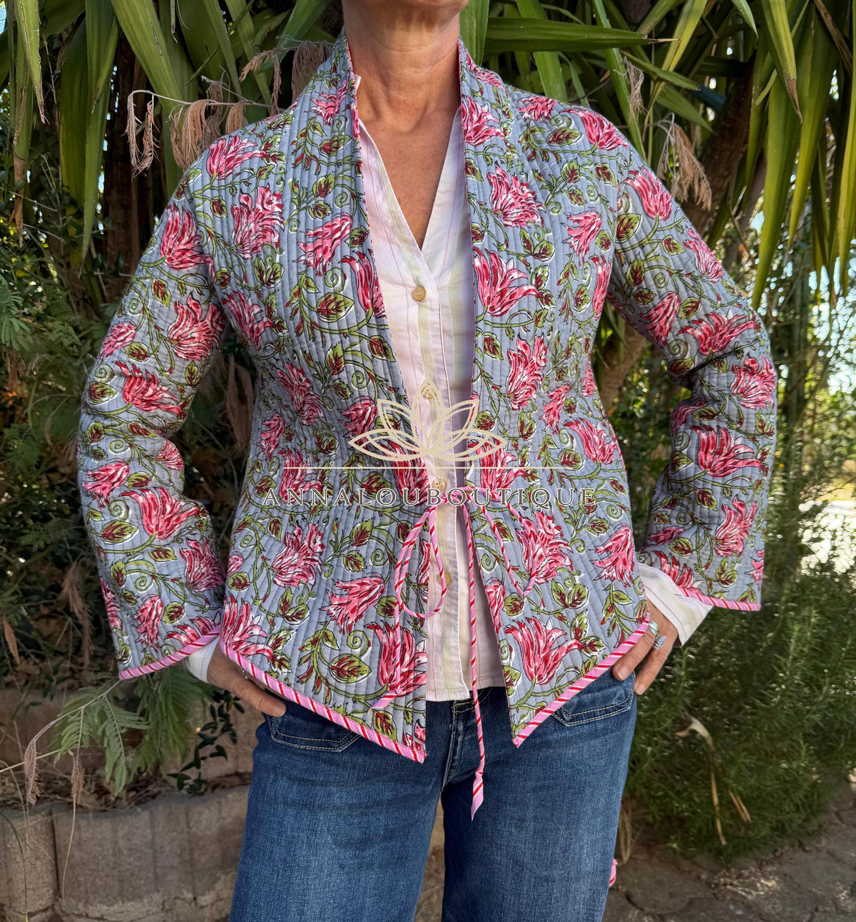 Grey & Pink Reversible Quilted Cotton Jacket, Boho Chic Wrap Jacket, Striped Tie Detail, Cozy Winter Outerwear