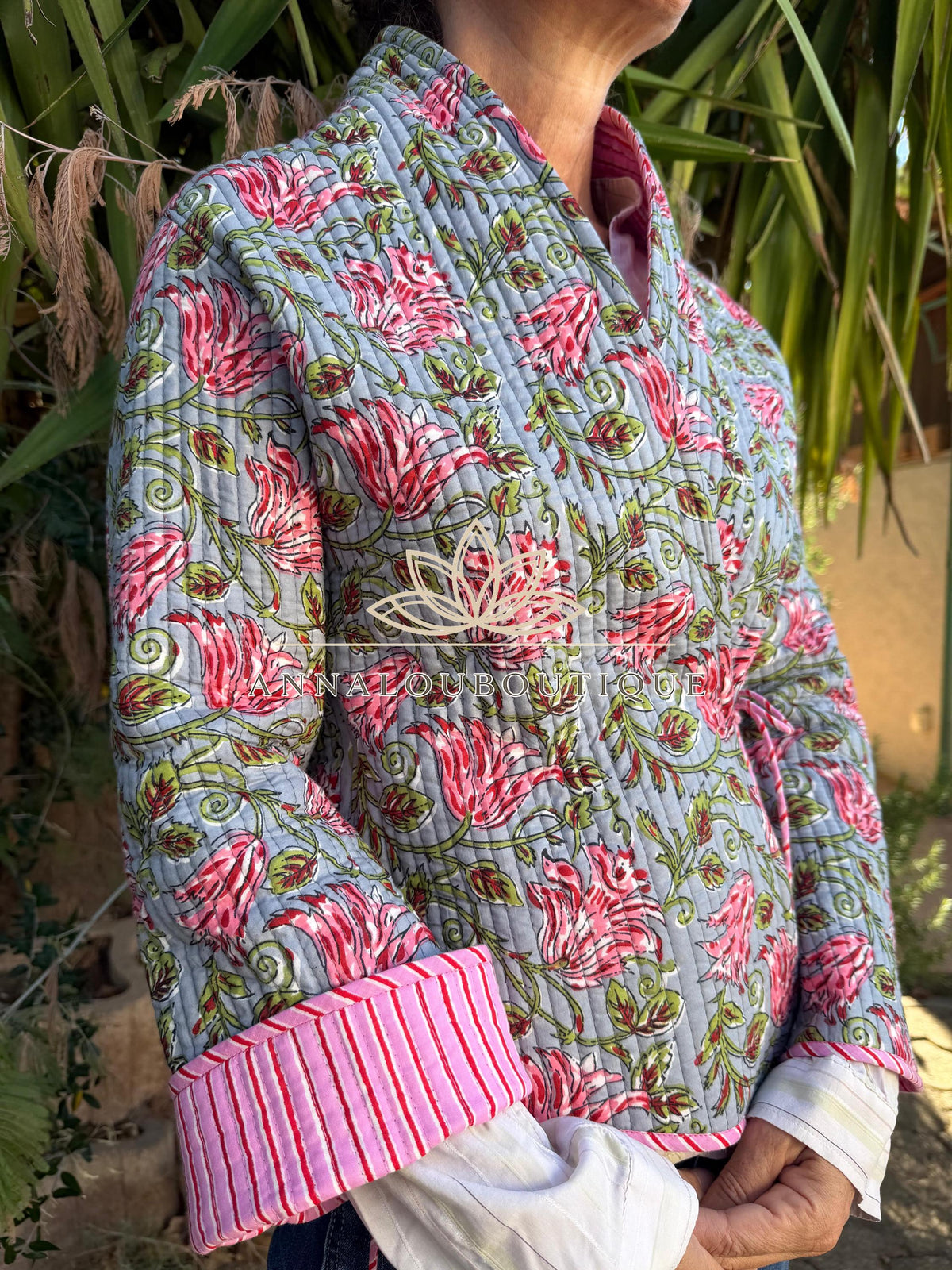 Grey & Pink Reversible Quilted Cotton Jacket, Boho Chic Wrap Jacket, Striped Tie Detail, Cozy Winter Outerwear
