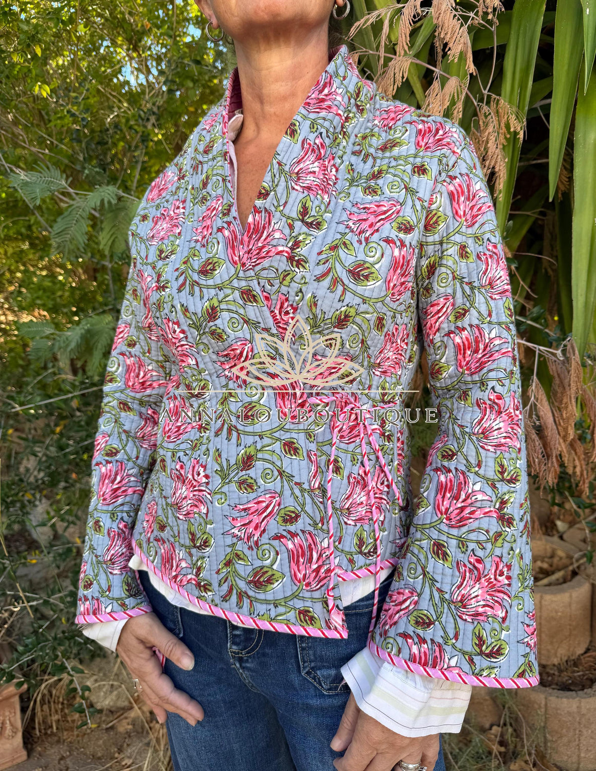 Grey & Pink Reversible Quilted Cotton Jacket, Boho Chic Wrap Jacket, Striped Tie Detail, Cozy Winter Outerwear