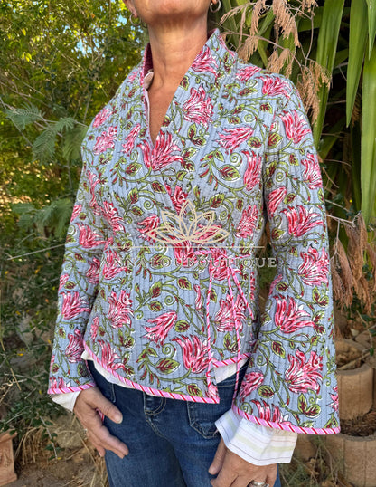 Grey & Pink Reversible Quilted Cotton Jacket, Boho Chic Wrap Jacket, Striped Tie Detail, Cozy Winter Outerwear