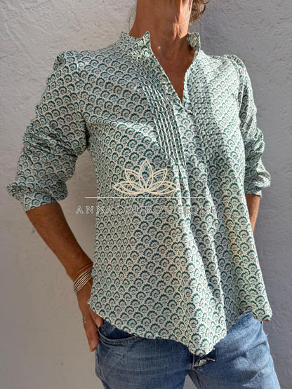 Green Teal Hand Block Print Cotton Shirt, Pleated Boho Blouse, Long Sleeve Floral Top, Handmade Limited Edition