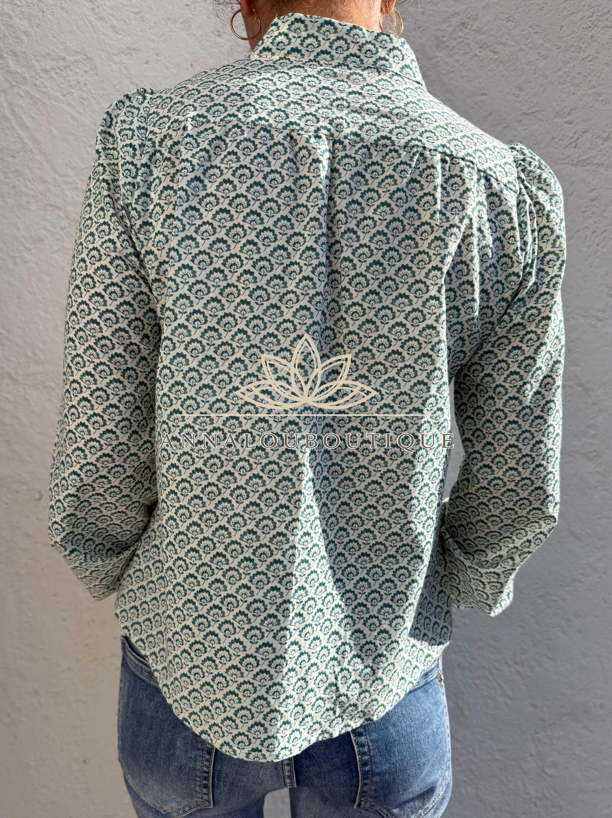 Green Teal Hand Block Print Cotton Shirt, Pleated Boho Blouse, Long Sleeve Floral Top, Handmade Limited Edition