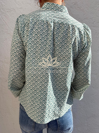 Green Teal Hand Block Print Cotton Shirt, Pleated Boho Blouse, Long Sleeve Floral Top, Handmade Limited Edition