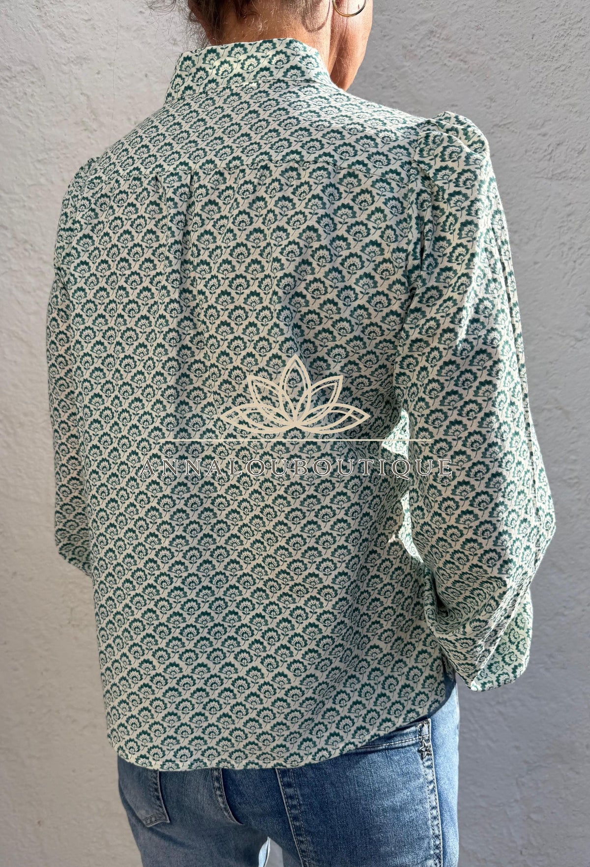 Green Teal Hand Block Print Cotton Shirt, Pleated Boho Blouse, Long Sleeve Floral Top, Handmade Limited Edition