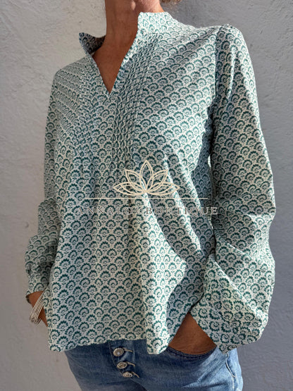 Green Teal Hand Block Print Cotton Shirt, Pleated Boho Blouse, Long Sleeve Floral Top, Handmade Limited Edition