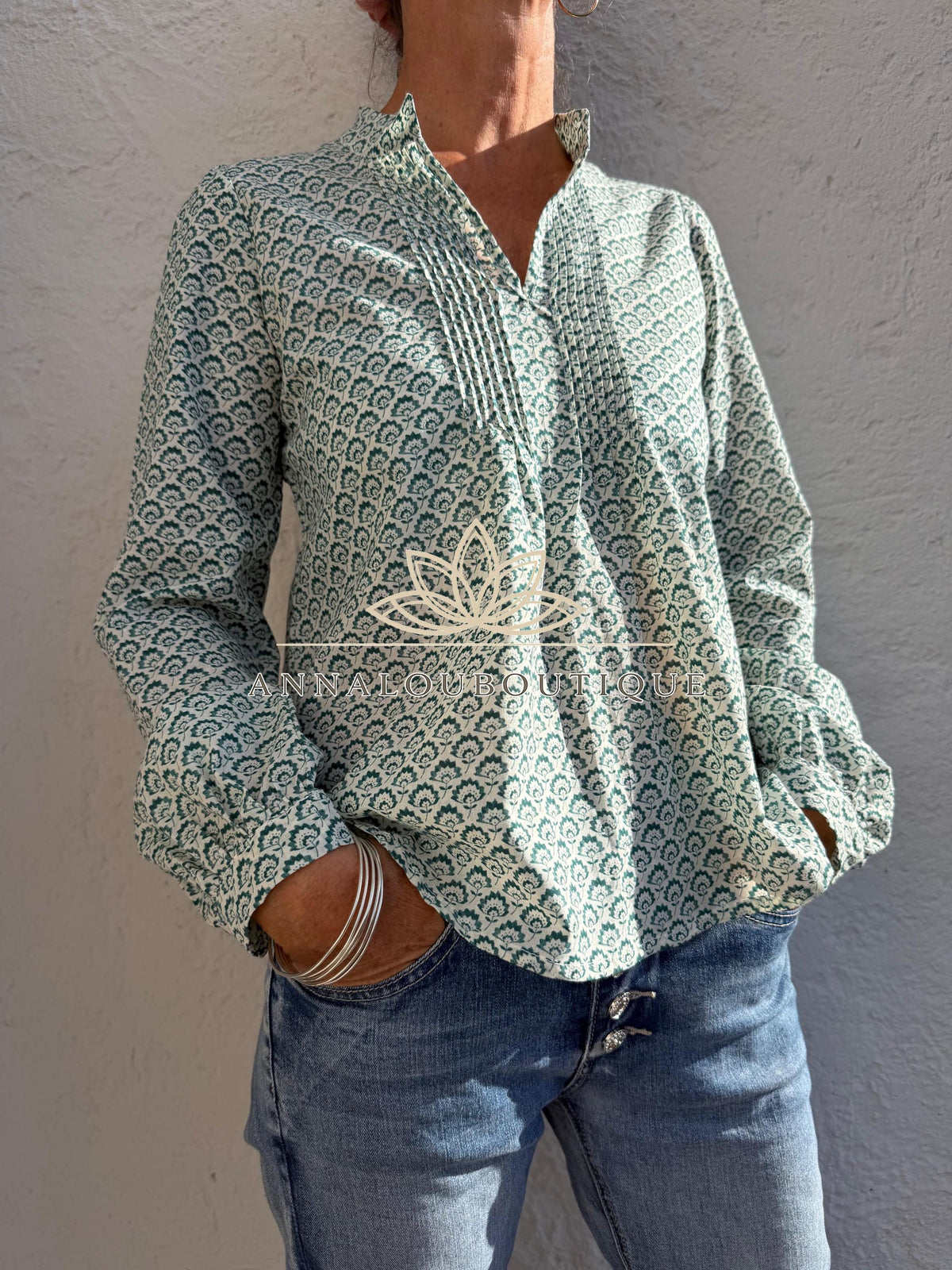 Green Teal Hand Block Print Cotton Shirt, Pleated Boho Blouse, Long Sleeve Floral Top, Handmade Limited Edition