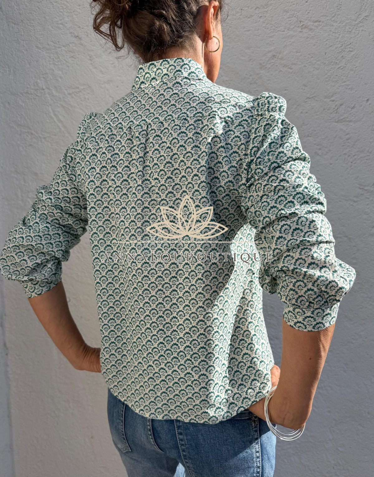 Green Teal Hand Block Print Cotton Shirt, Pleated Boho Blouse, Long Sleeve Floral Top, Handmade Limited Edition