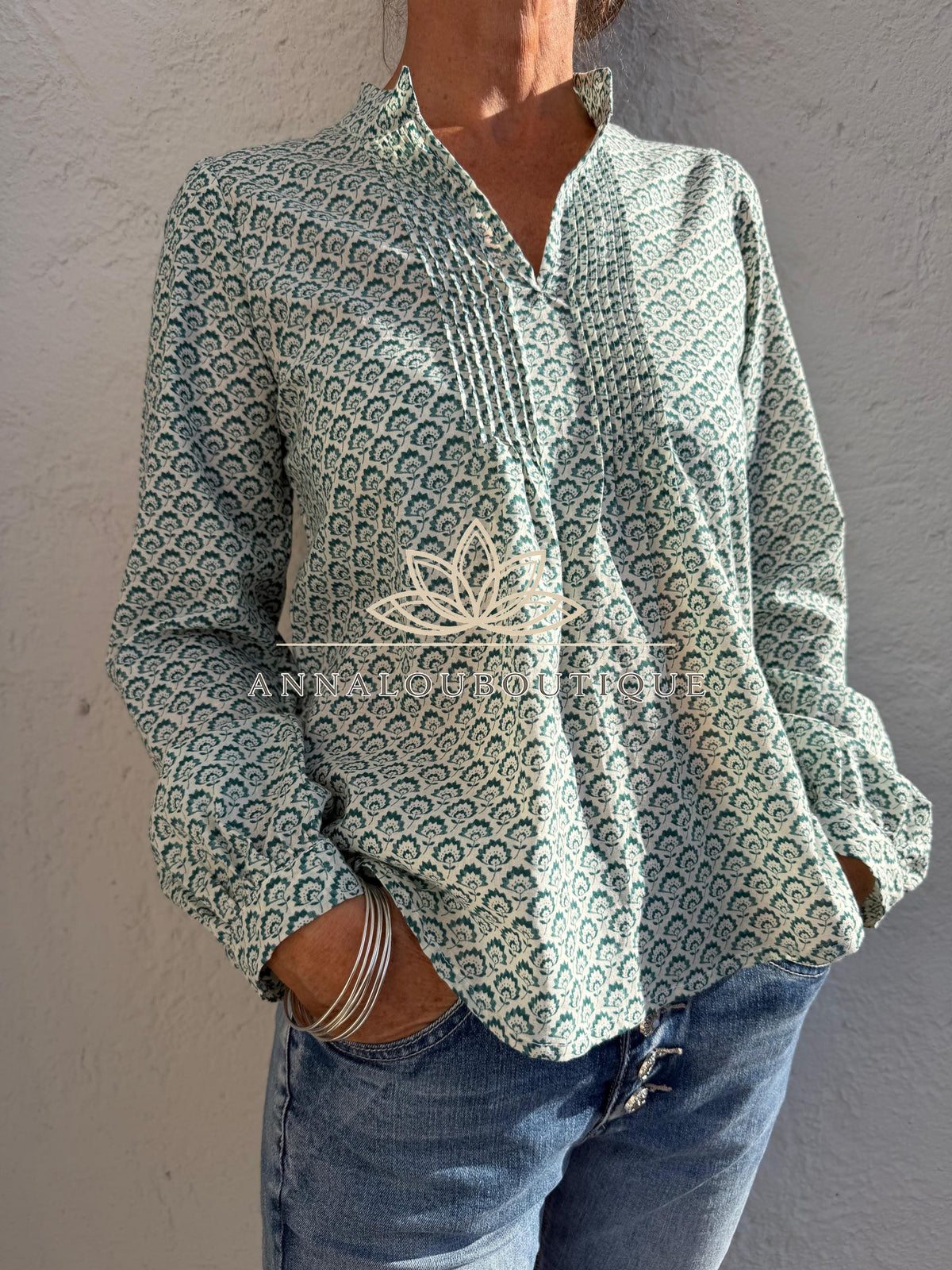Green Teal Hand Block Print Cotton Shirt, Pleated Boho Blouse, Long Sleeve Floral Top, Handmade Limited Edition
