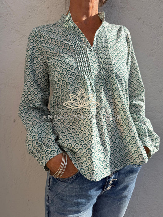 Green Teal Hand Block Print Cotton Shirt, Pleated Boho Blouse, Long Sleeve Floral Top, Handmade Limited Edition