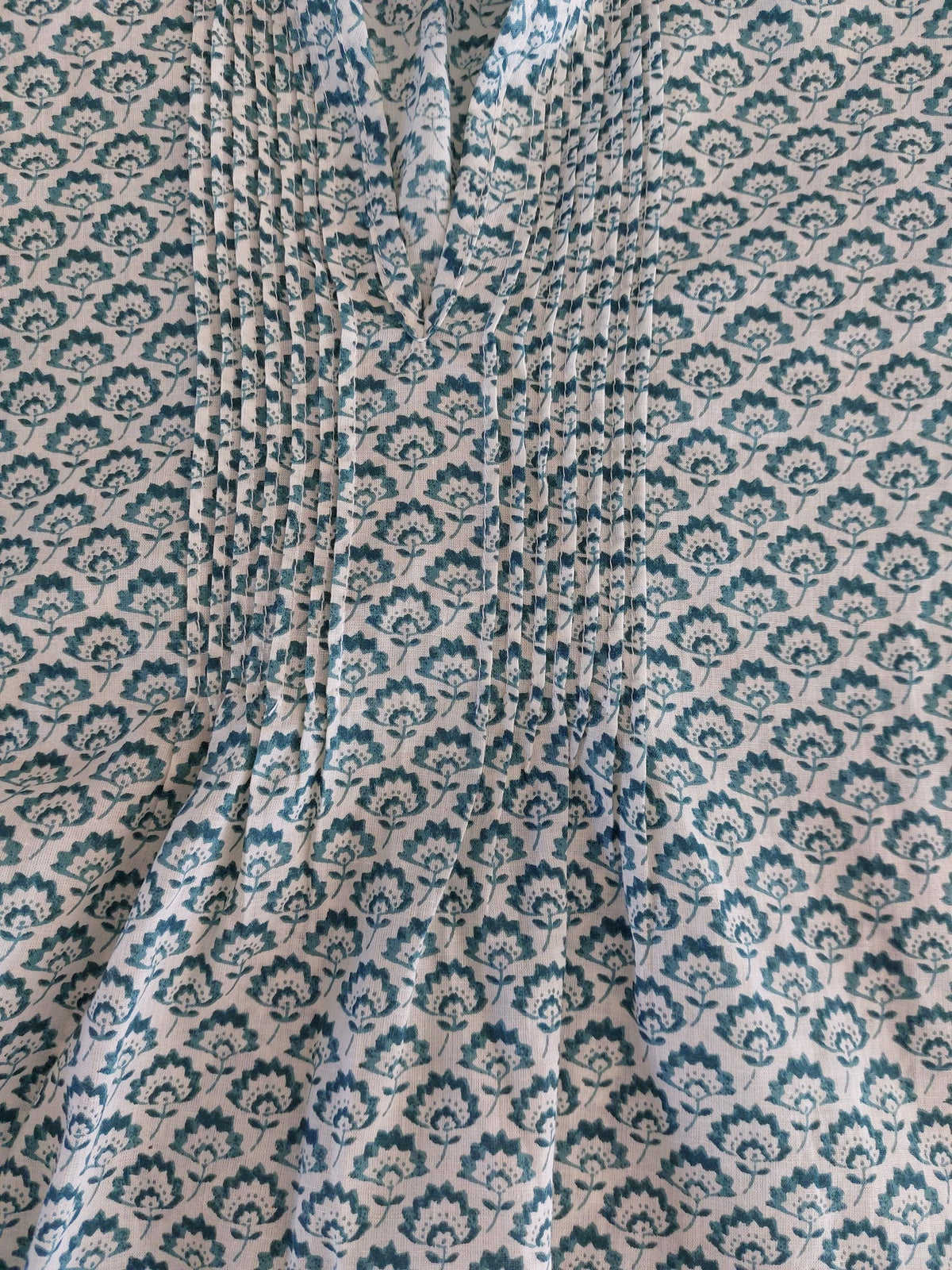 Green Teal Hand Block Print Cotton Shirt, Pleated Boho Blouse, Long Sleeve Floral Top, Handmade Limited Edition