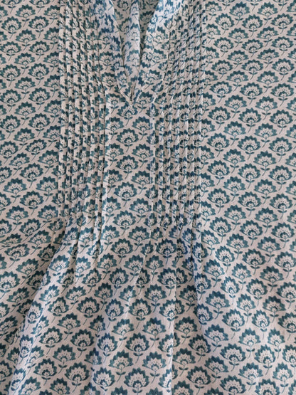 Green Teal Hand Block Print Cotton Shirt, Pleated Boho Blouse, Long Sleeve Floral Top, Handmade Limited Edition