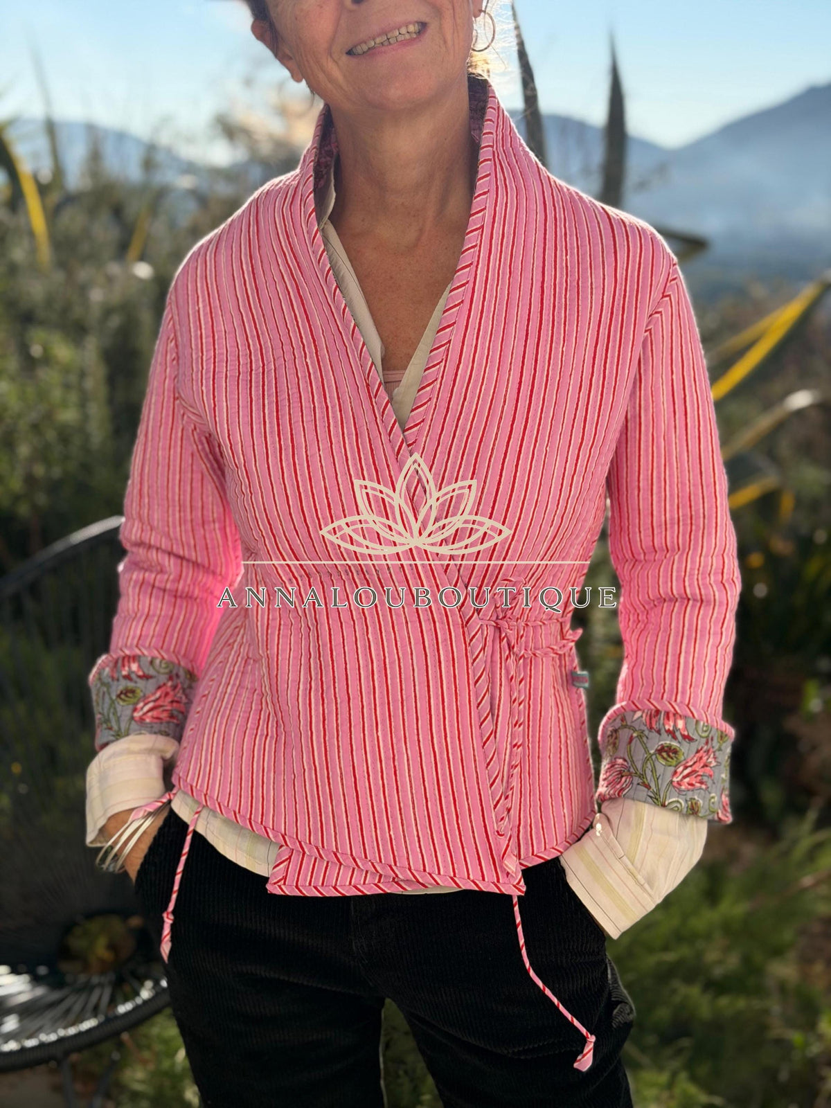 Grey & Pink Reversible Quilted Cotton Jacket, Boho Chic Wrap Jacket, Striped Tie Detail, Cozy Winter Outerwear