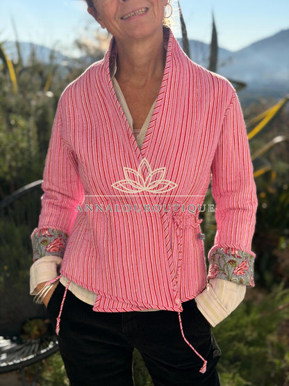 Grey & Pink Reversible Quilted Cotton Jacket, Boho Chic Wrap Jacket, Striped Tie Detail, Cozy Winter Outerwear