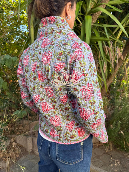 Grey & Pink Reversible Quilted Cotton Jacket, Boho Chic Wrap Jacket, Striped Tie Detail, Cozy Winter Outerwear