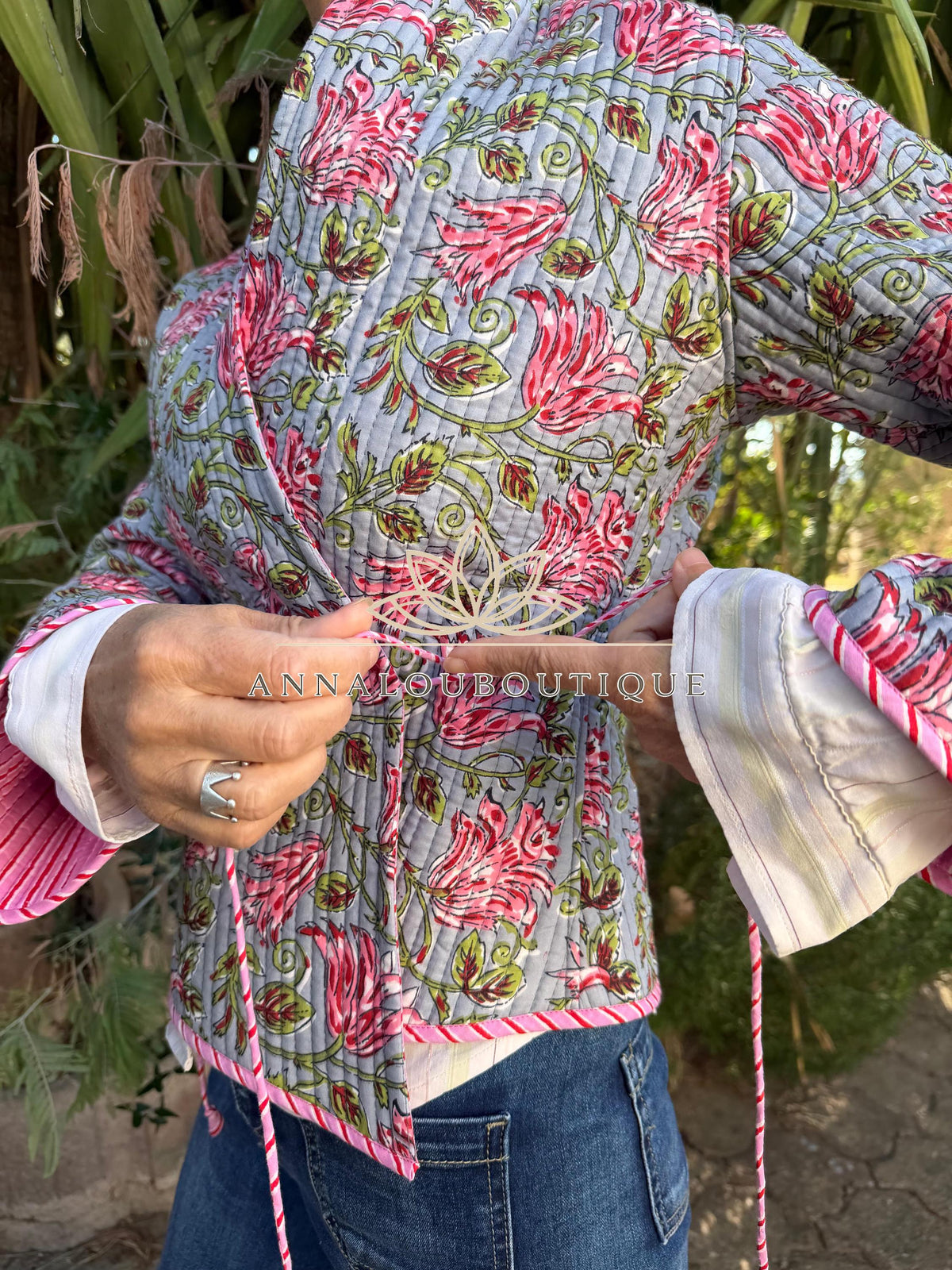 Grey & Pink Reversible Quilted Cotton Jacket, Boho Chic Wrap Jacket, Striped Tie Detail, Cozy Winter Outerwear