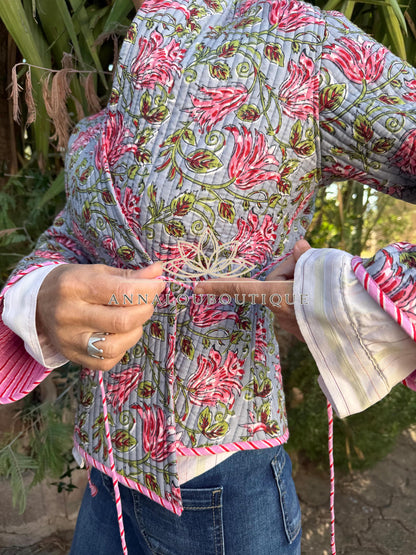 Grey & Pink Reversible Quilted Cotton Jacket, Boho Chic Wrap Jacket, Striped Tie Detail, Cozy Winter Outerwear