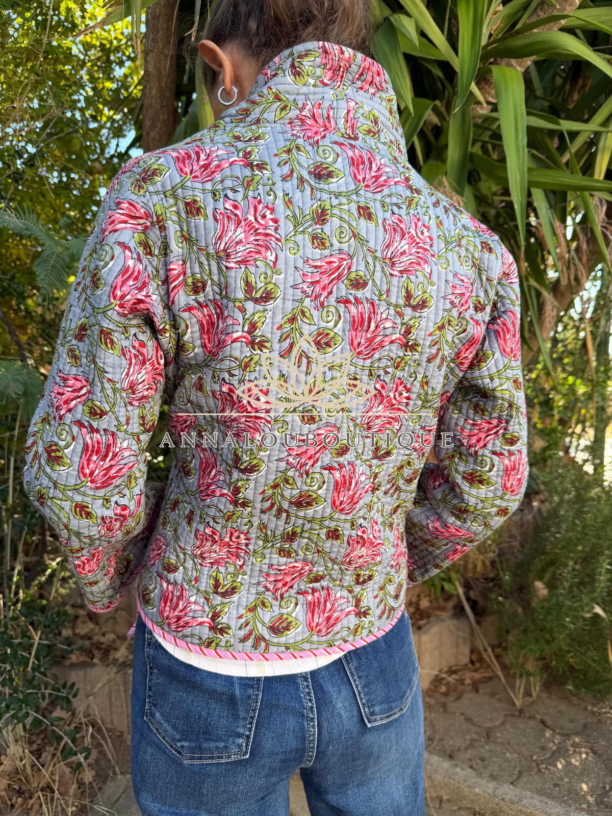 Grey & Pink Reversible Quilted Cotton Jacket, Boho Chic Wrap Jacket, Striped Tie Detail, Cozy Winter Outerwear