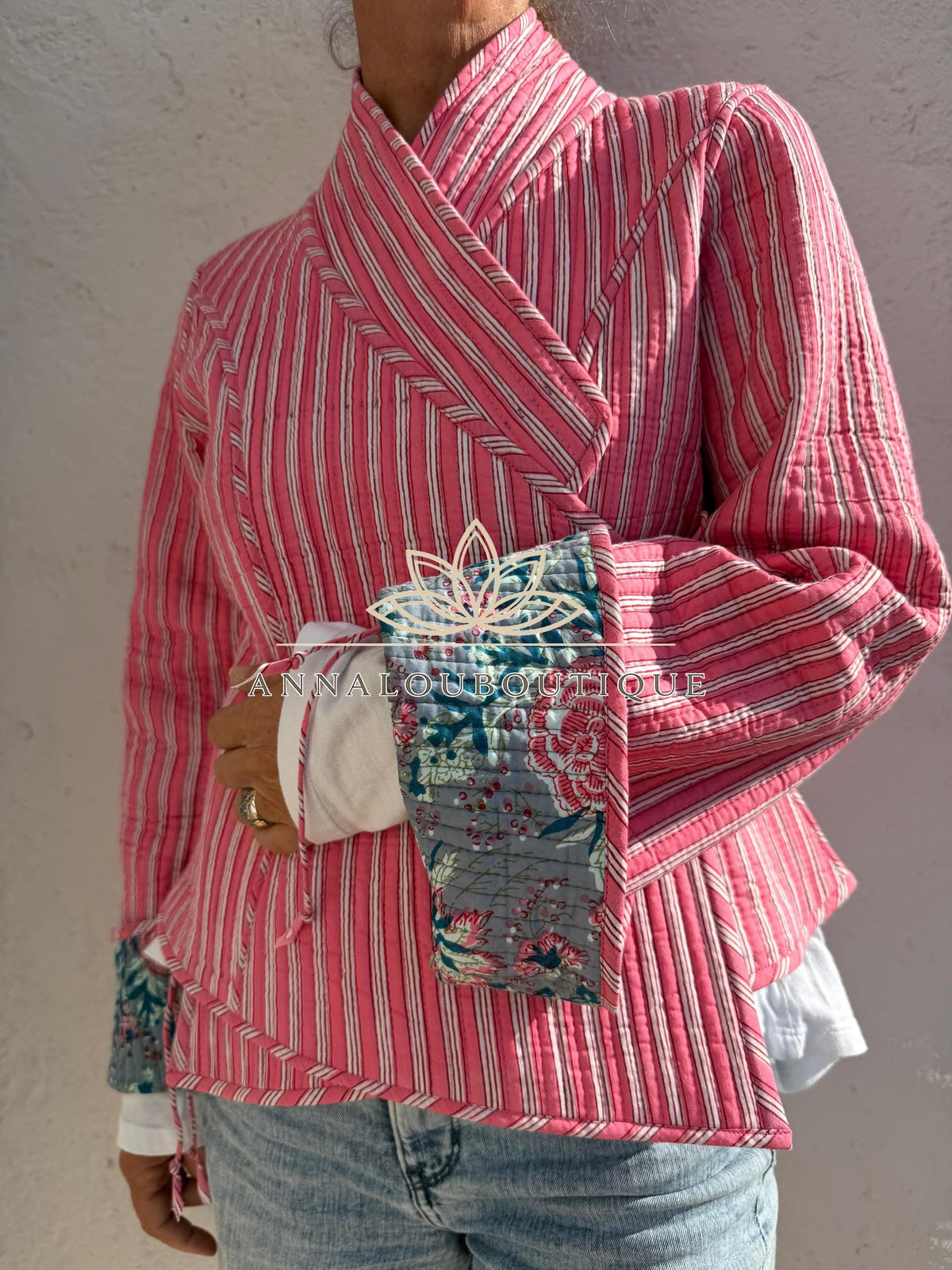 Reversible Grey & Pink Quilted Cotton Jacket, Boho Chic Wrap Jacket, Flared Sleeves, Handmade Winter Coat