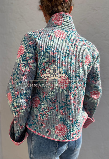 Reversible Grey & Pink Quilted Cotton Jacket, Boho Chic Wrap Jacket, Flared Sleeves, Handmade Winter Coat