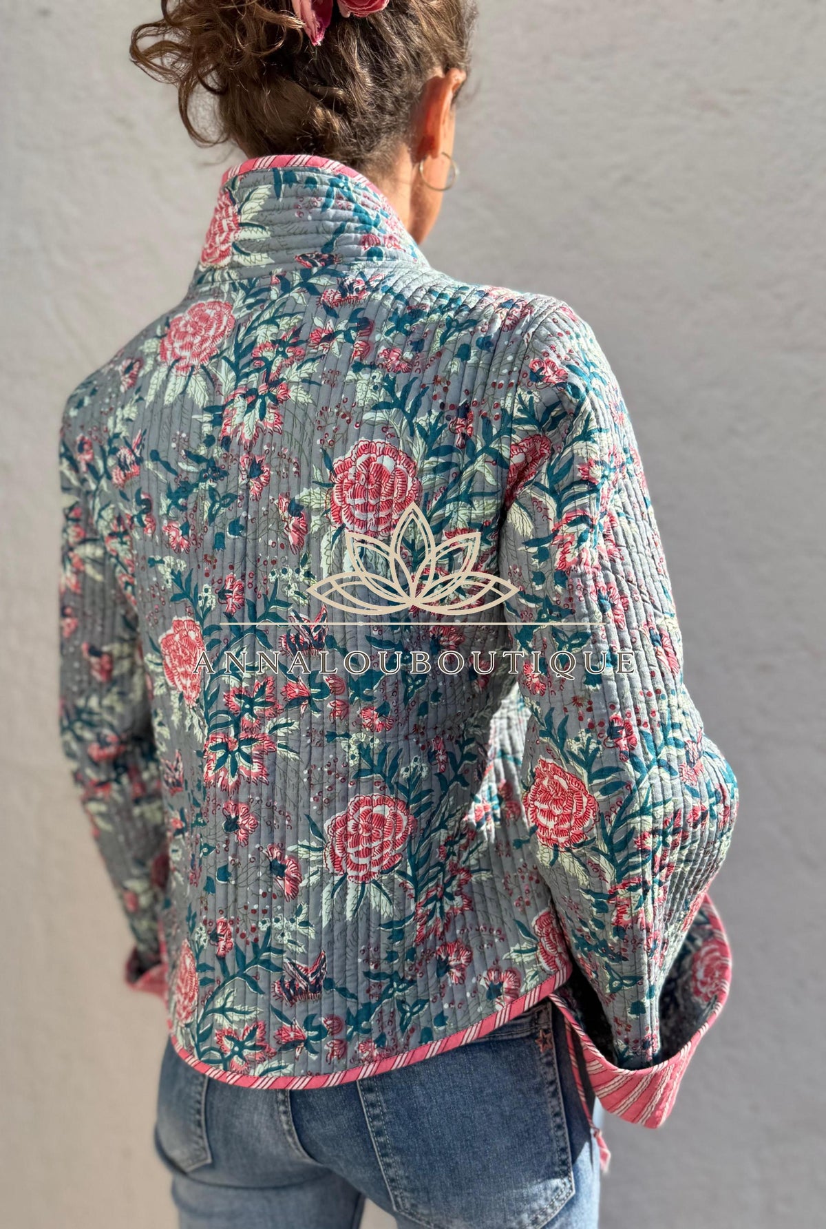 Reversible Grey & Pink Quilted Cotton Jacket, Boho Chic Wrap Jacket, Flared Sleeves, Handmade Winter Coat