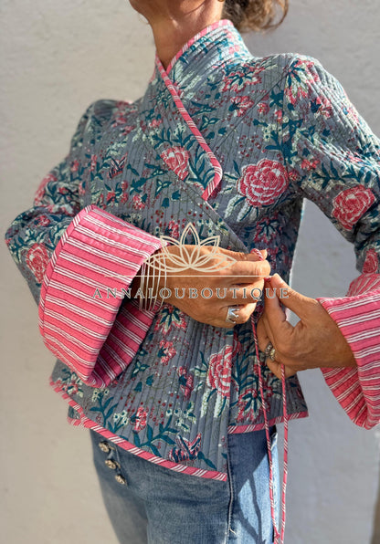Reversible Grey & Pink Quilted Cotton Jacket, Boho Chic Wrap Jacket, Flared Sleeves, Handmade Winter Coat