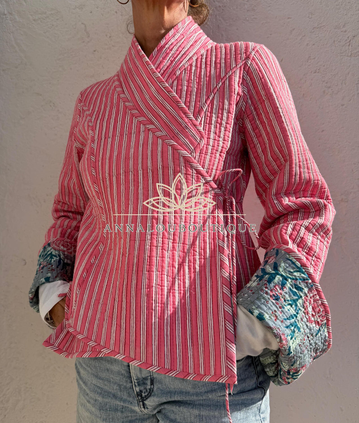 Reversible Grey & Pink Quilted Cotton Jacket, Boho Chic Wrap Jacket, Flared Sleeves, Handmade Winter Coat