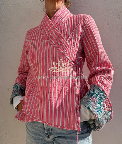 Reversible Grey & Pink Quilted Cotton Jacket, Boho Chic Wrap Jacket, Flared Sleeves, Handmade Winter Coat