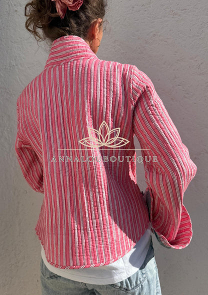 Reversible Grey & Pink Quilted Cotton Jacket, Boho Chic Wrap Jacket, Flared Sleeves, Handmade Winter Coat