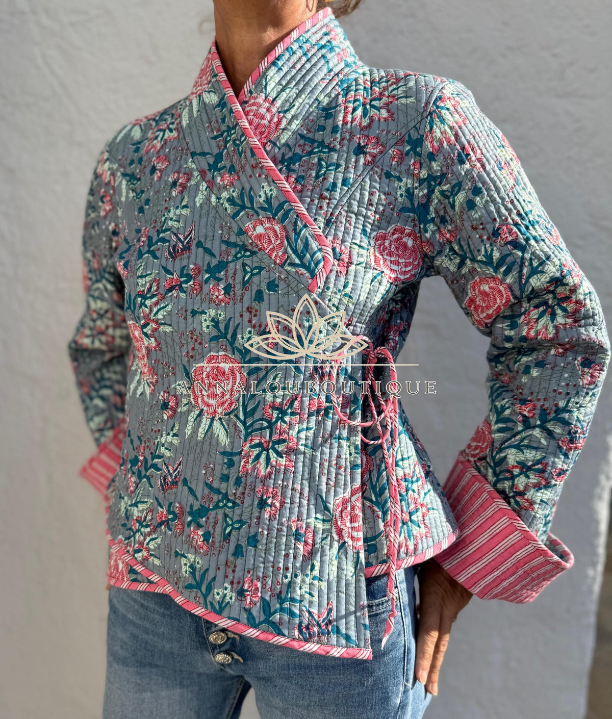 Reversible Grey & Pink Quilted Cotton Jacket, Boho Chic Wrap Jacket, Flared Sleeves, Handmade Winter Coat
