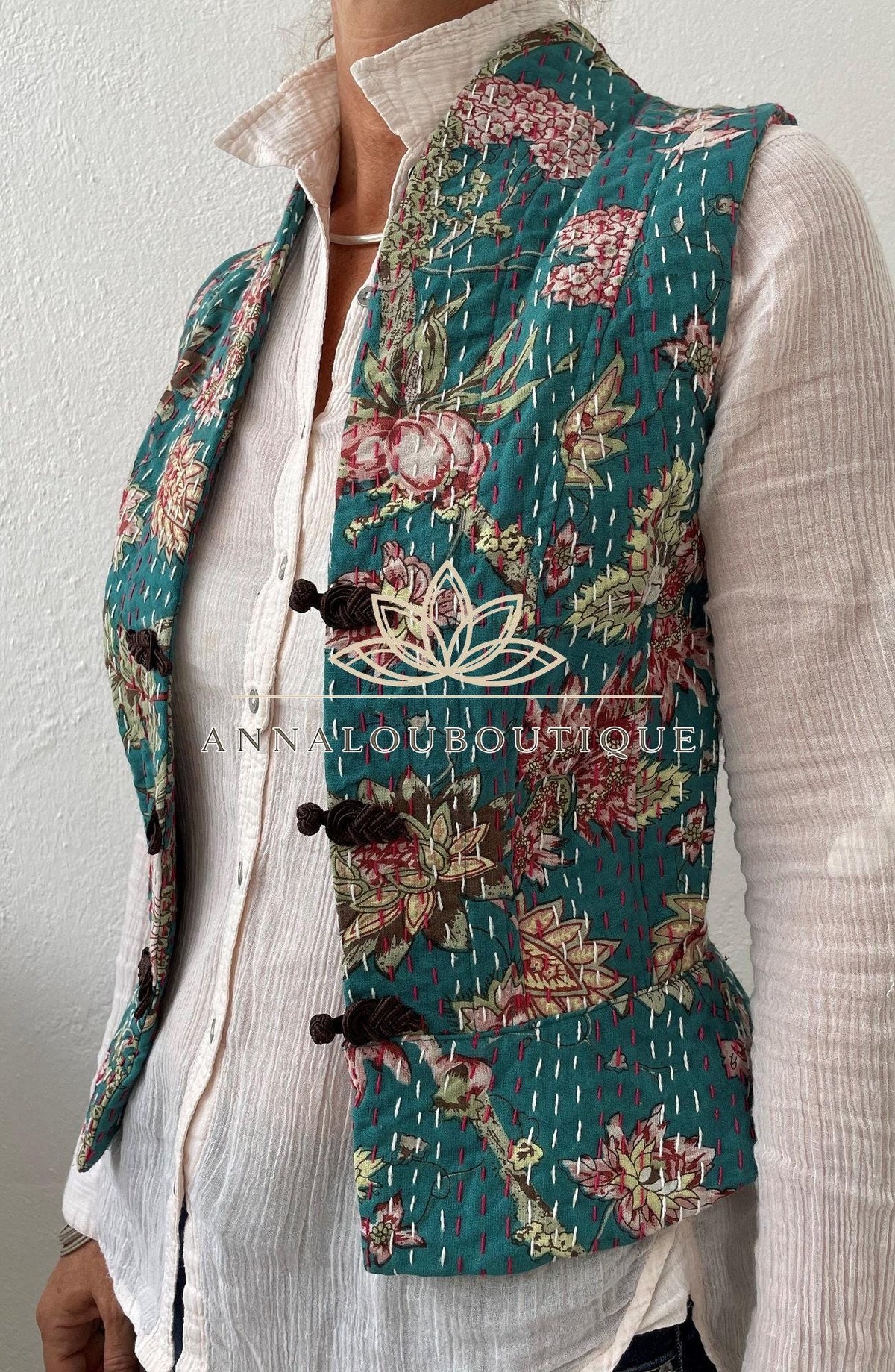 Teal & Pink Hydrangea Cotton Waistcoat, Corset Style Boho Vest, Handmade Fitted Women’s Vest, Limited Edition