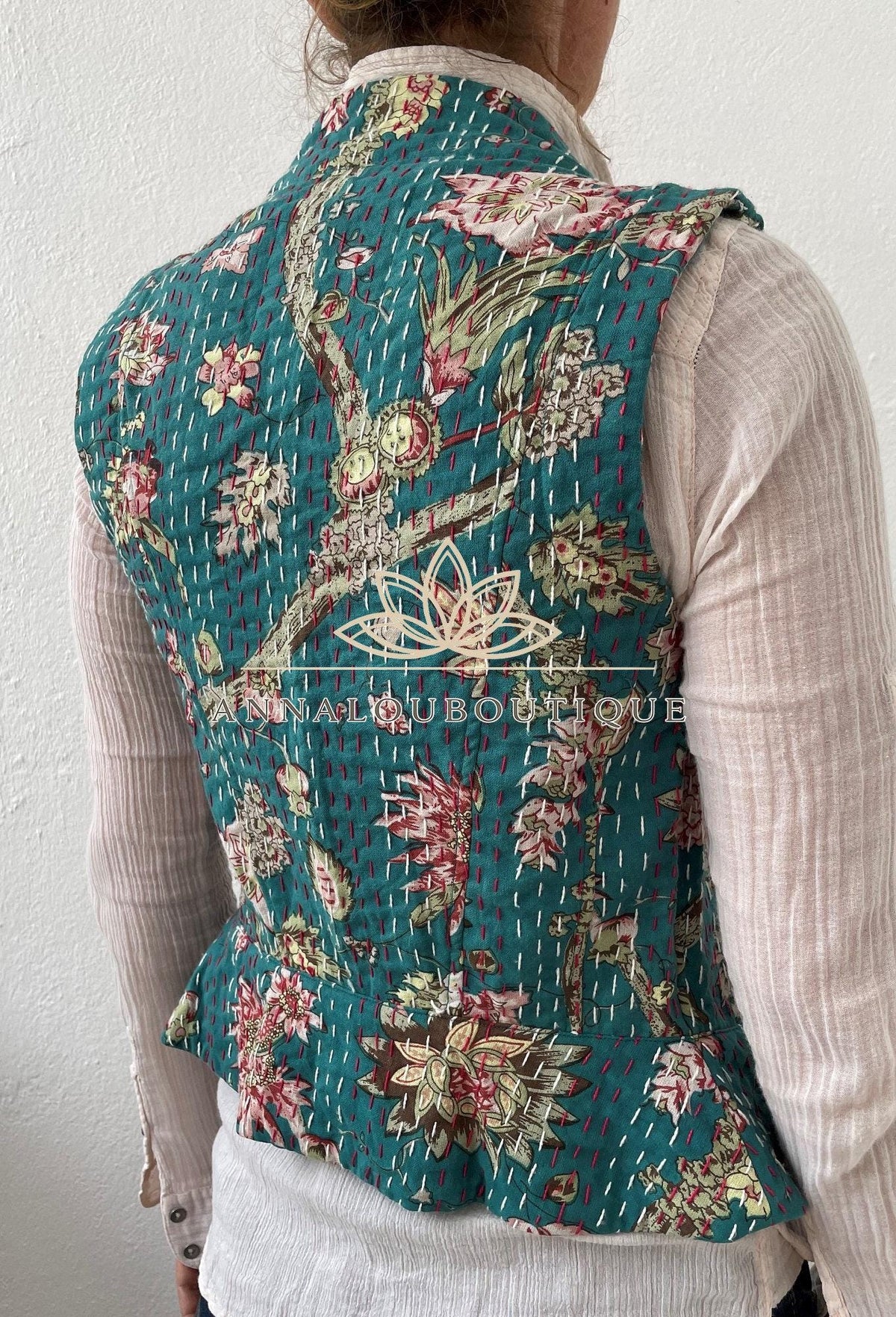 Teal & Pink Hydrangea Cotton Waistcoat, Corset Style Boho Vest, Handmade Fitted Women’s Vest, Limited Edition