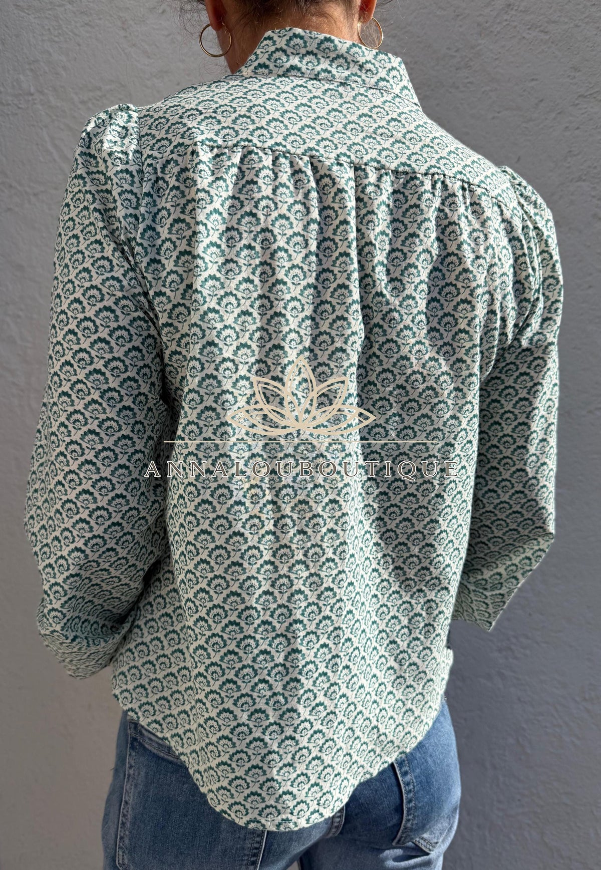 Green Teal Hand Block Print Cotton Shirt, Pleated Boho Blouse, Long Sleeve Floral Top, Handmade Limited Edition