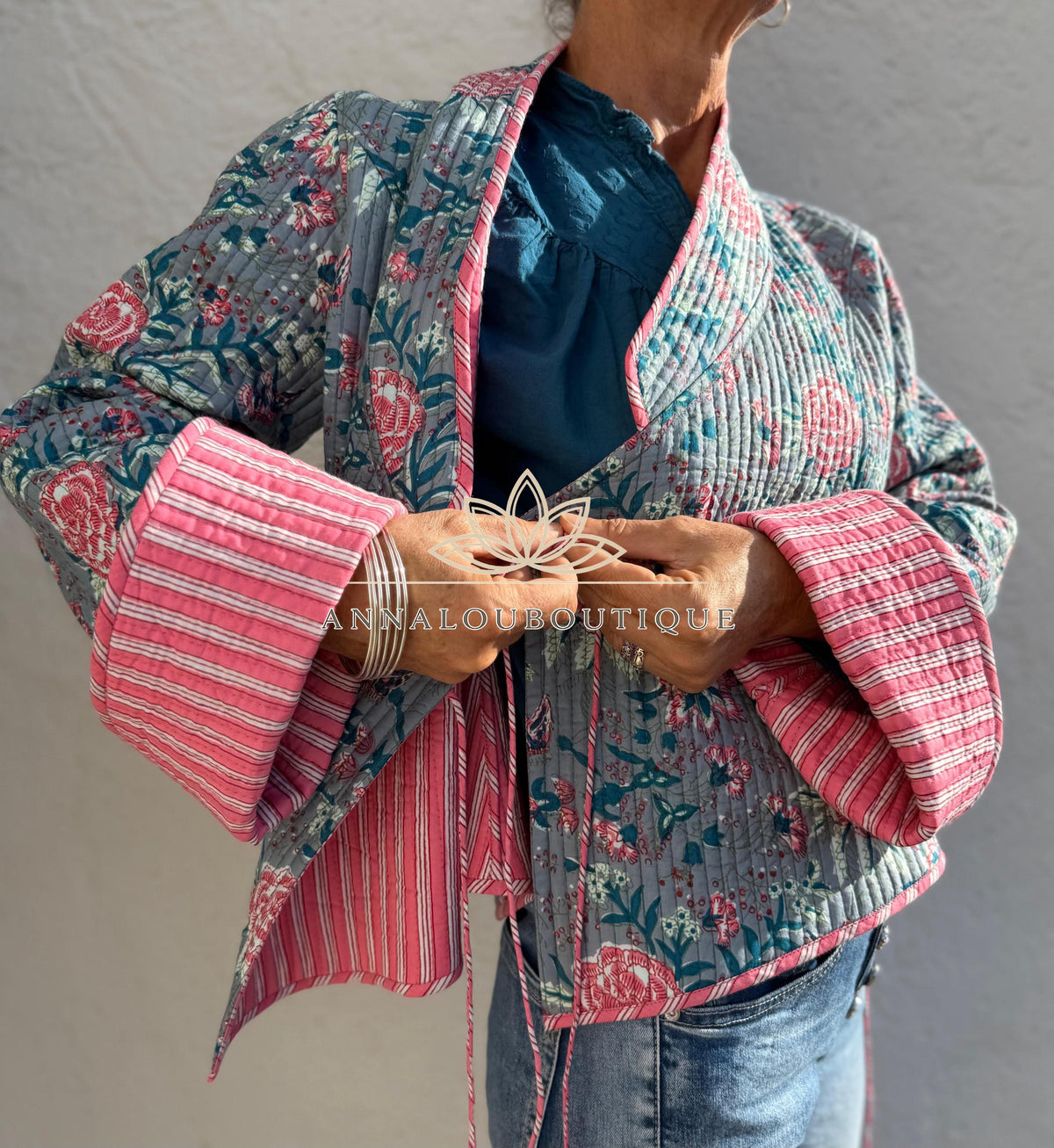 Reversible Grey & Pink Quilted Cotton Jacket, Boho Chic Wrap Jacket, Flared Sleeves, Handmade Winter Coat