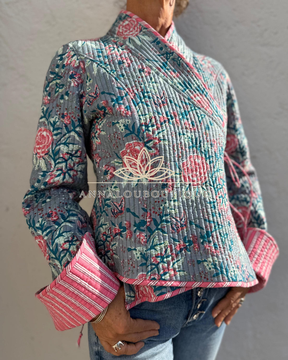 Reversible Grey & Pink Quilted Cotton Jacket, Boho Chic Wrap Jacket, Flared Sleeves, Handmade Winter Coat