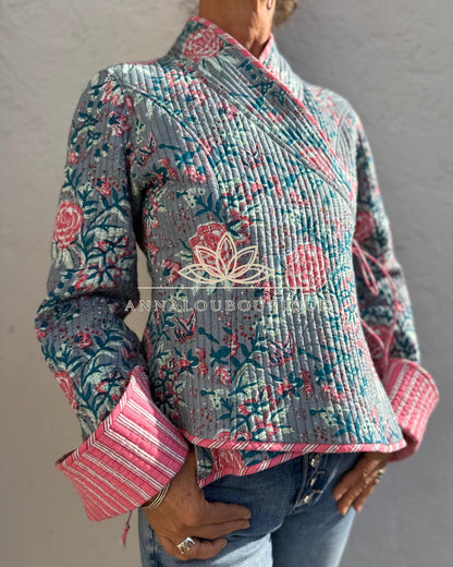 Reversible Grey & Pink Quilted Cotton Jacket, Boho Chic Wrap Jacket, Flared Sleeves, Handmade Winter Coat