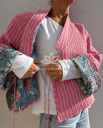 Reversible Grey & Pink Quilted Cotton Jacket, Boho Chic Wrap Jacket, Flared Sleeves, Handmade Winter Coat