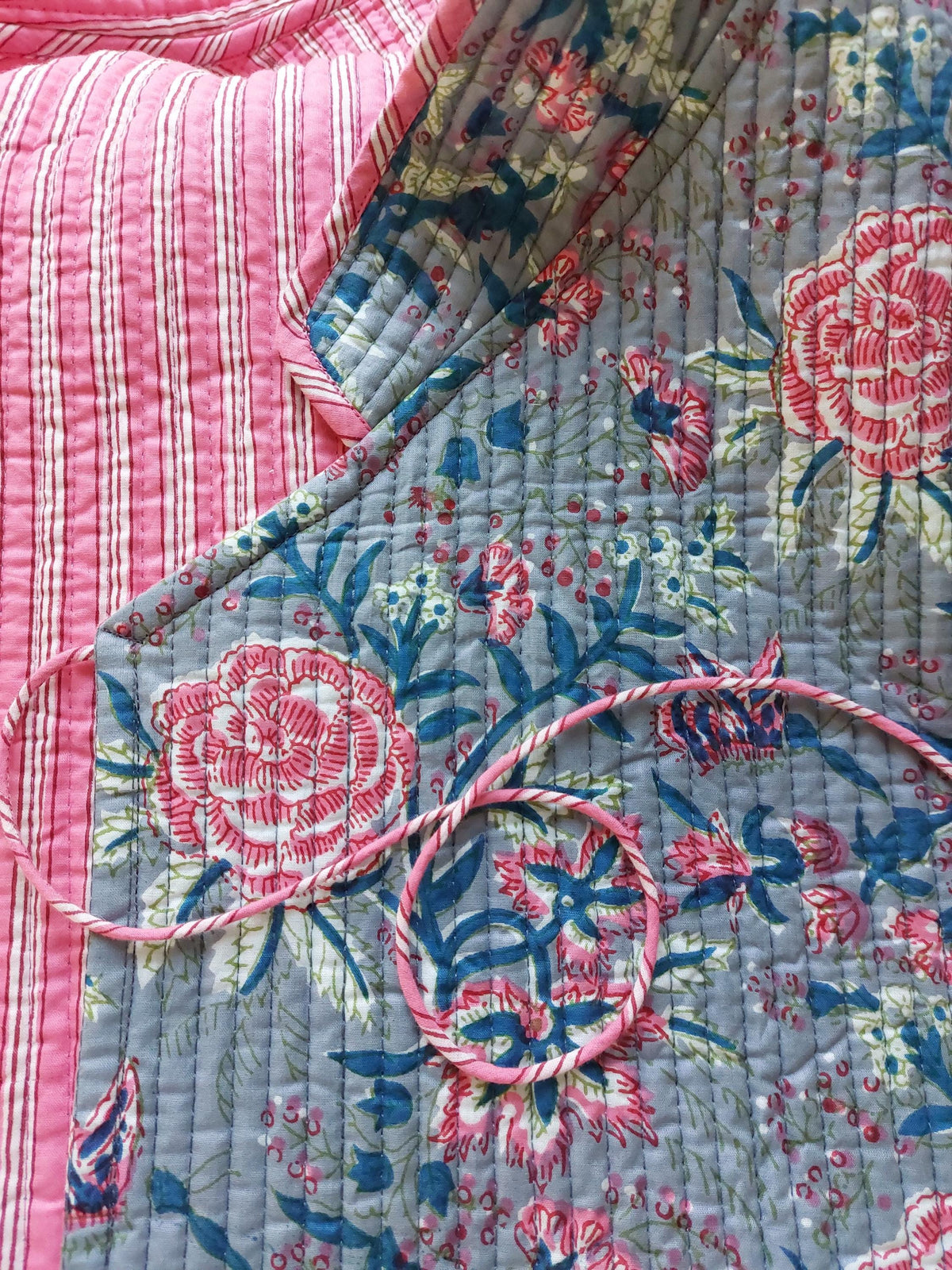 Reversible Grey & Pink Quilted Cotton Jacket, Boho Chic Wrap Jacket, Flared Sleeves, Handmade Winter Coat