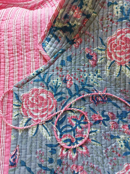 Reversible Grey & Pink Quilted Cotton Jacket, Boho Chic Wrap Jacket, Flared Sleeves, Handmade Winter Coat