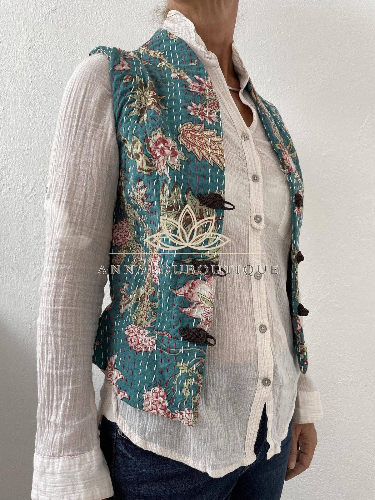 Teal & Pink Hydrangea Cotton Waistcoat, Corset Style Boho Vest, Handmade Fitted Women’s Vest, Limited Edition