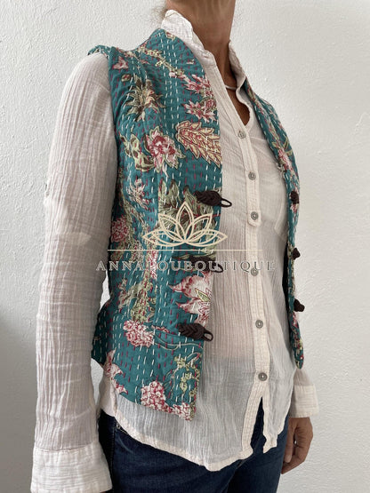 Teal & Pink Hydrangea Cotton Waistcoat, Corset Style Boho Vest, Handmade Fitted Women’s Vest, Limited Edition