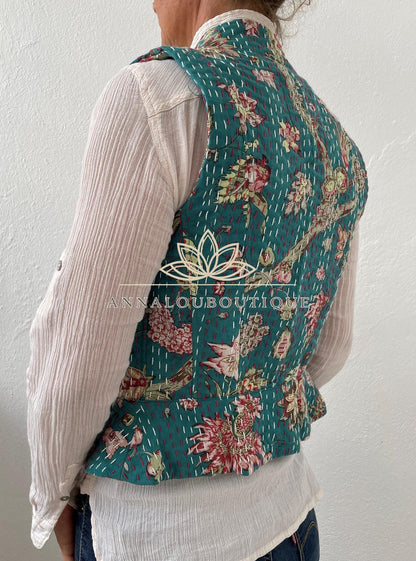 Teal & Pink Hydrangea Cotton Waistcoat, Corset Style Boho Vest, Handmade Fitted Women’s Vest, Limited Edition