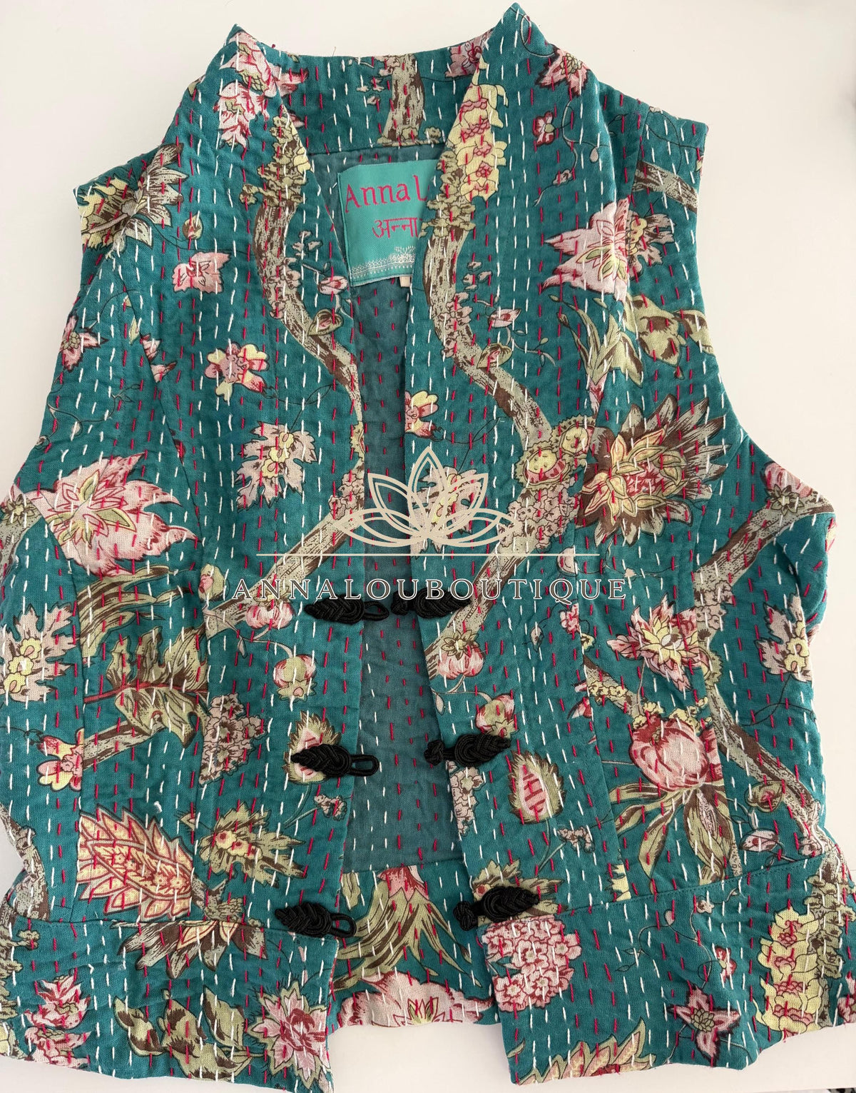 Teal & Pink Hydrangea Cotton Waistcoat, Corset Style Boho Vest, Handmade Fitted Women’s Vest, Limited Edition