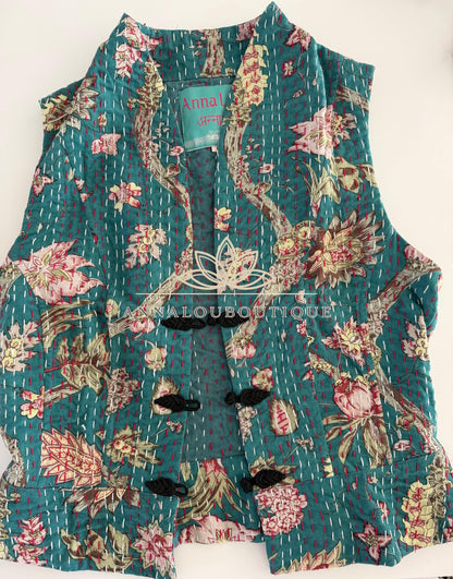 Teal & Pink Hydrangea Cotton Waistcoat, Corset Style Boho Vest, Handmade Fitted Women’s Vest, Limited Edition