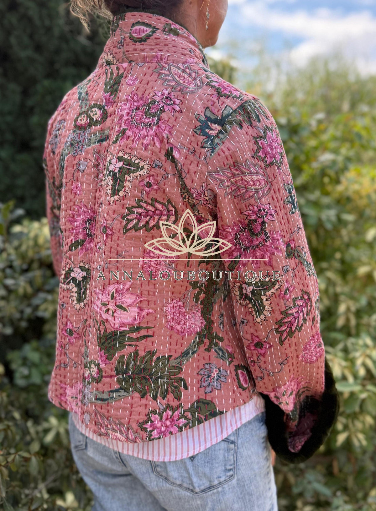 Dusty Pink Floral Cotton Wrap Jacket, Green Faux Fur Collar & Cuffs, Boho Chic Mid-Season Jacket, Hippie Style