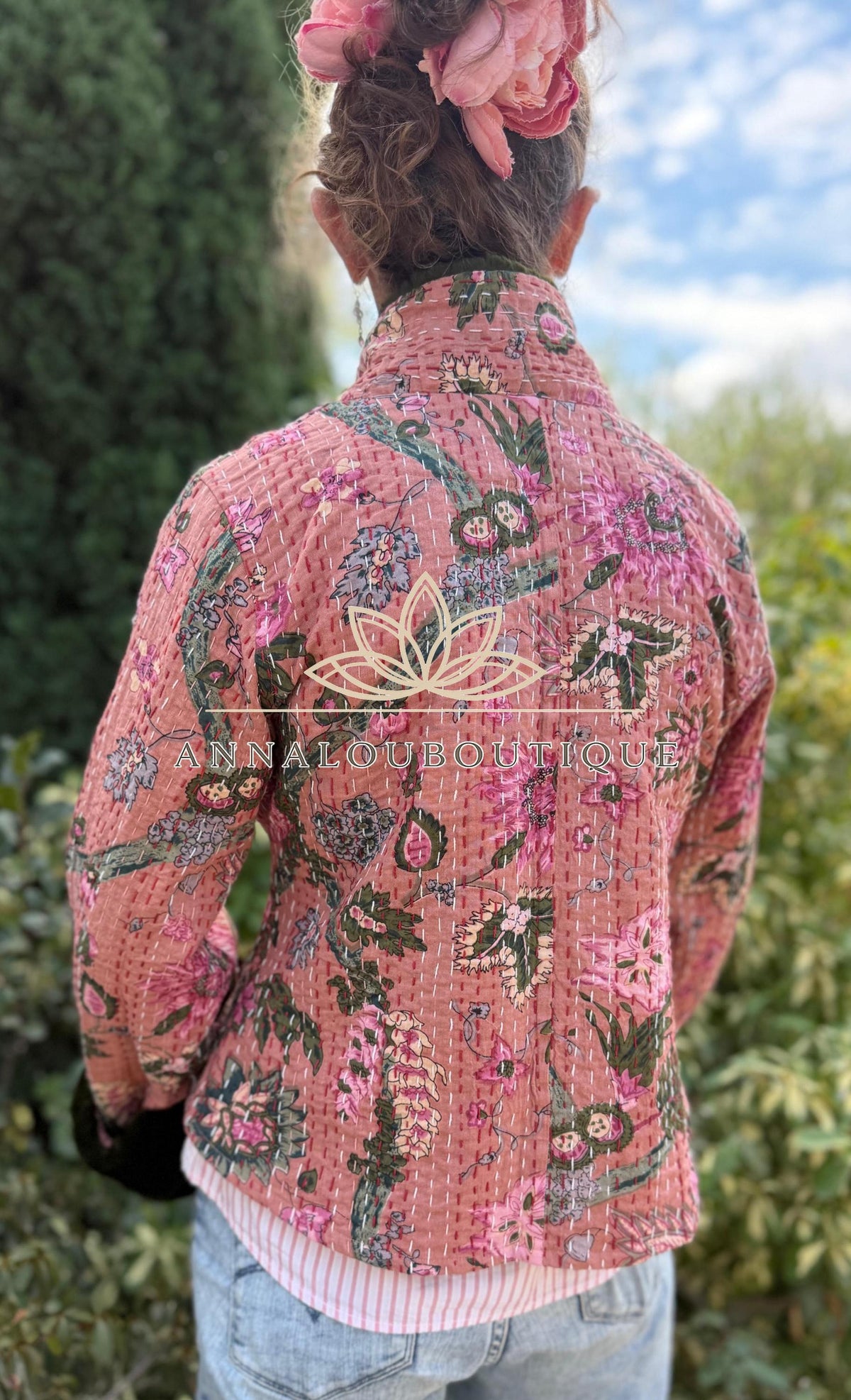 Dusty Pink Floral Cotton Wrap Jacket, Green Faux Fur Collar & Cuffs, Boho Chic Mid-Season Jacket, Hippie Style