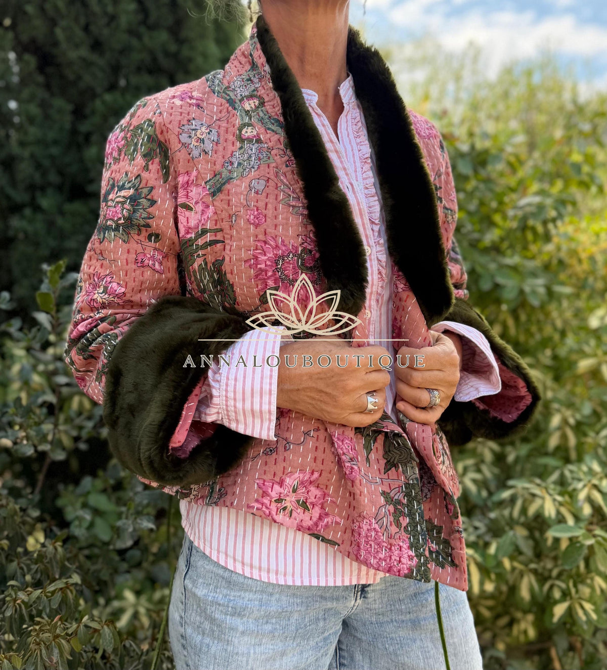 Dusty Pink Floral Cotton Wrap Jacket, Green Faux Fur Collar & Cuffs, Boho Chic Mid-Season Jacket, Hippie Style