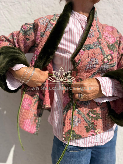Dusty Pink Floral Cotton Wrap Jacket, Green Faux Fur Collar & Cuffs, Boho Chic Mid-Season Jacket, Hippie Style